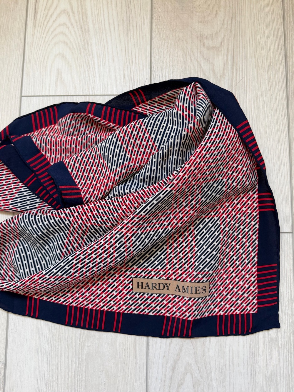 Vintage Hardy Amies 100% Silk Scarf Red Navy White Plaid Geometric 31” x 31”